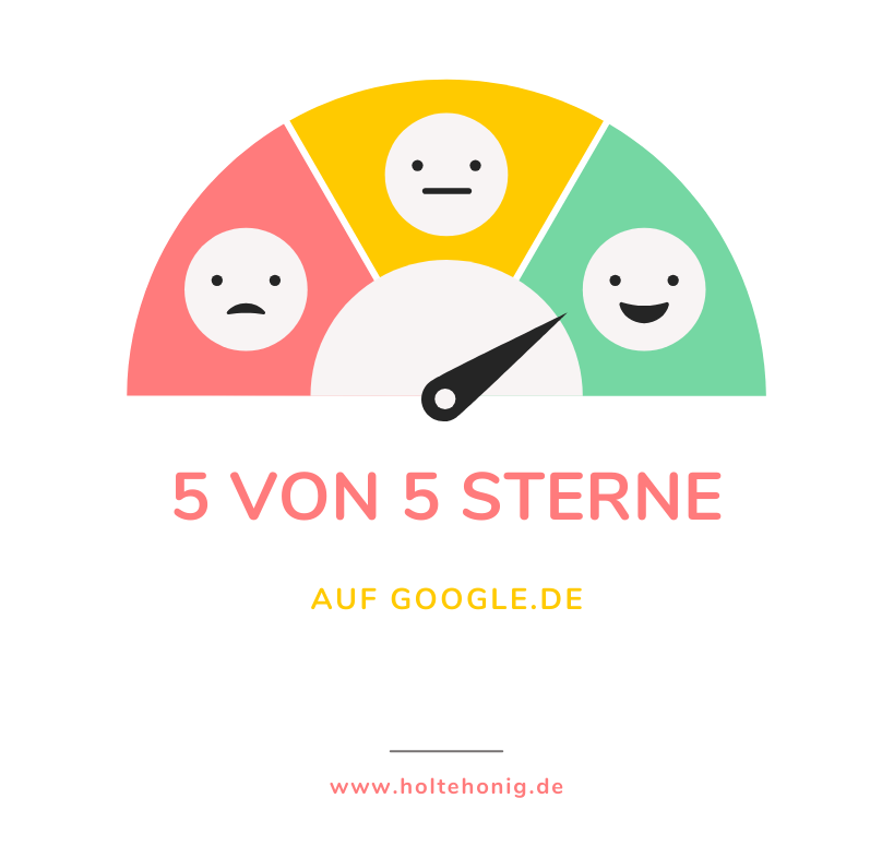 Bewertungsskala mit 5 von 5 Sternen, lächelndes Gesicht bei maximaler Zufriedenheit.